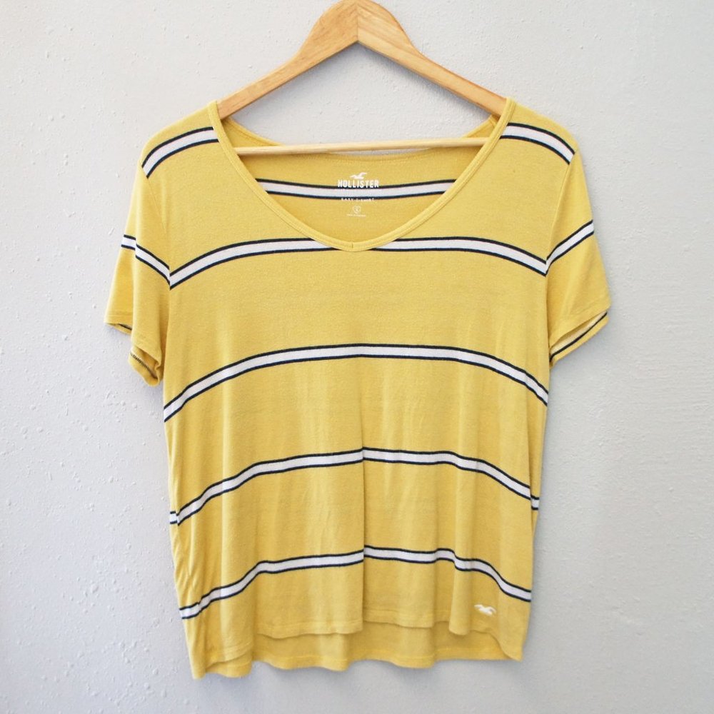 Hollister Yellow, Navy, White Stripe V-neck Easy T-shirt